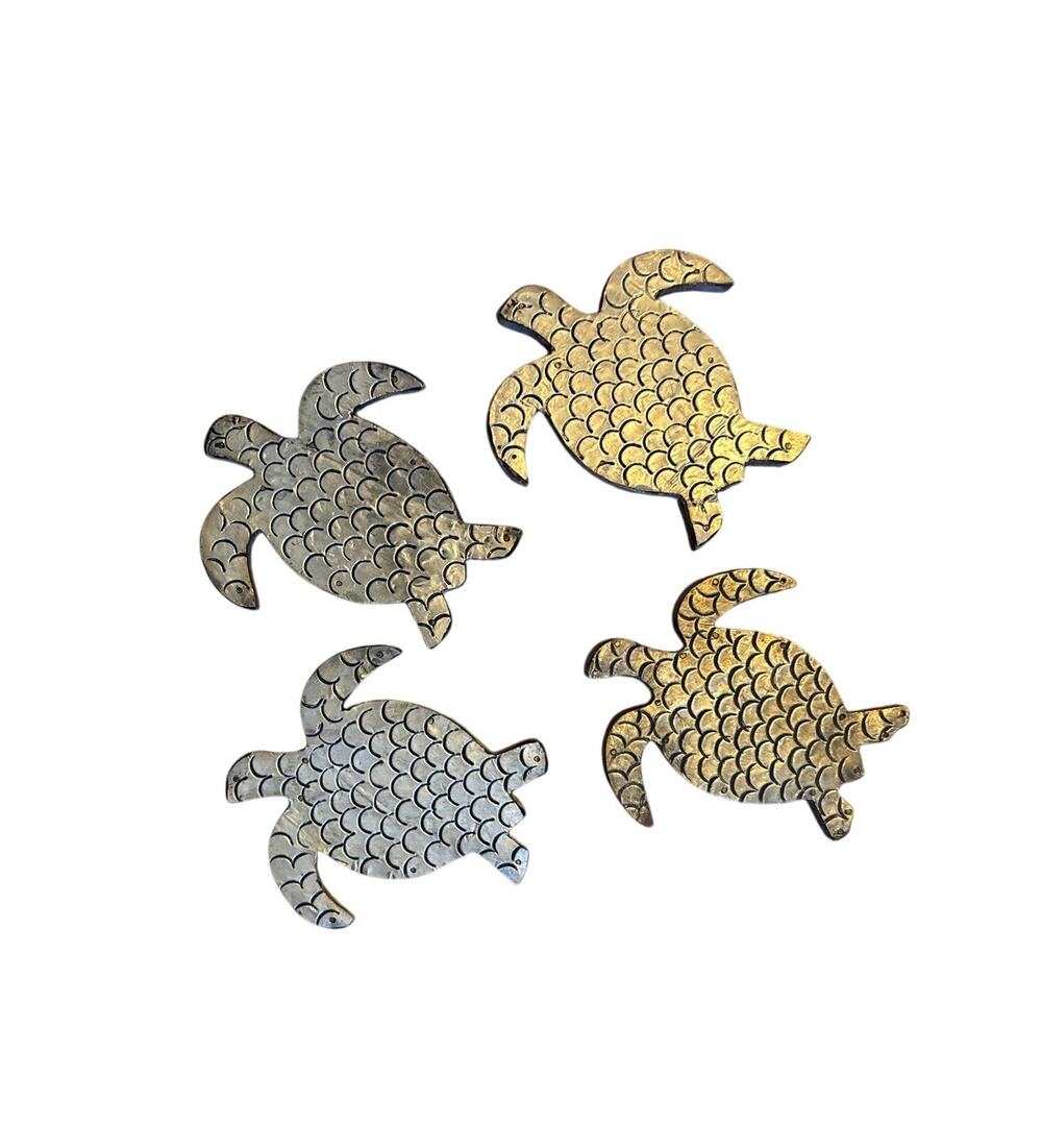 Sea Turtles Wooden Coaster Set of 4 6" Decor Kitchen Coffee Table Silver Tone